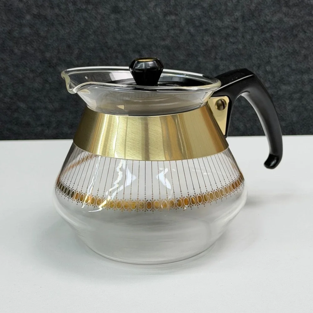 Vintage Pyrex 2 Cup Glass Carafe Gold Medallion Atomic Starburst Coffee Server